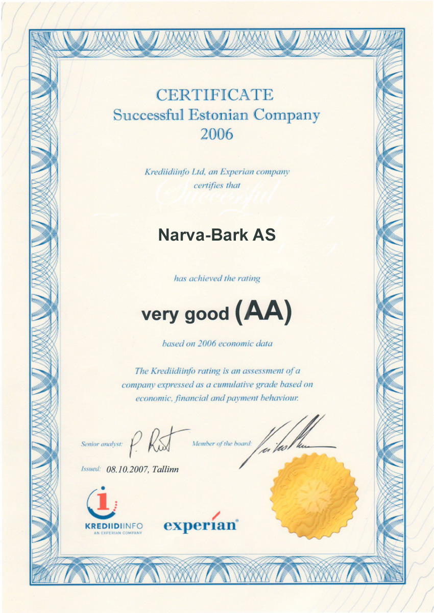Narva-Bark AS on saavutanud 2006. aasta majandusandmete põhjal reitingu väga hea (AA)