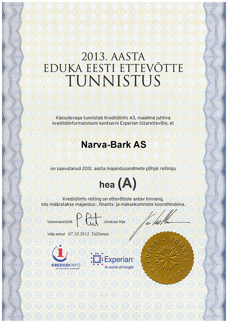 Narva-Bark AS по результатам 2013 финансового года присвоен рейтинг хорошо (А)